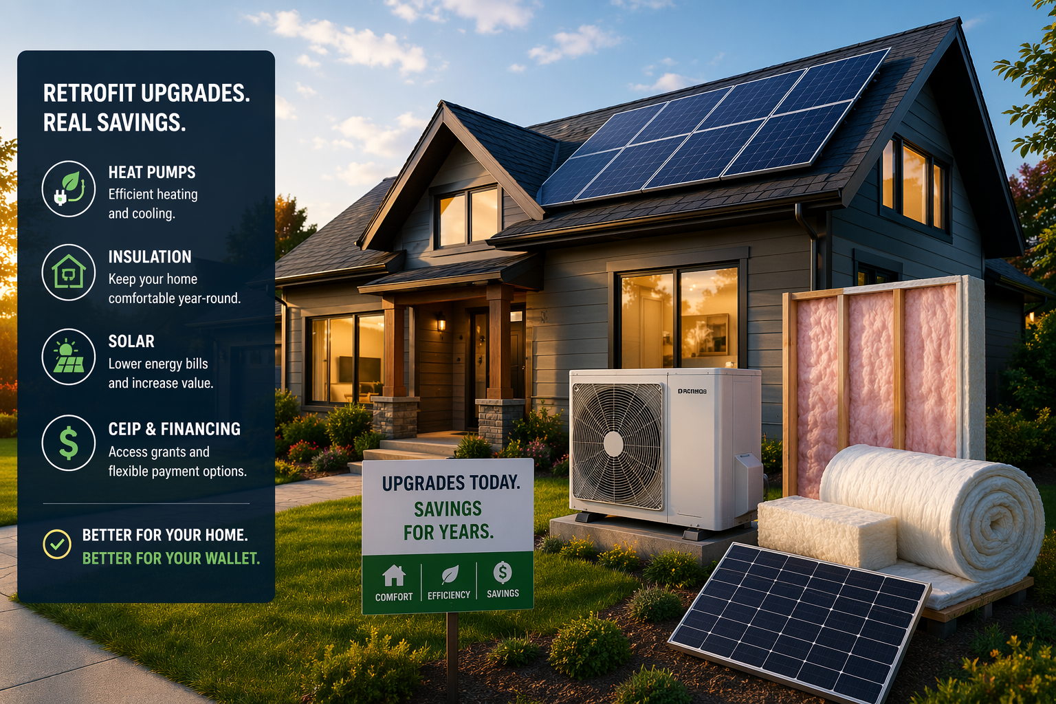 Home retrofit upgrades including solar panels, insulation and HVAC system